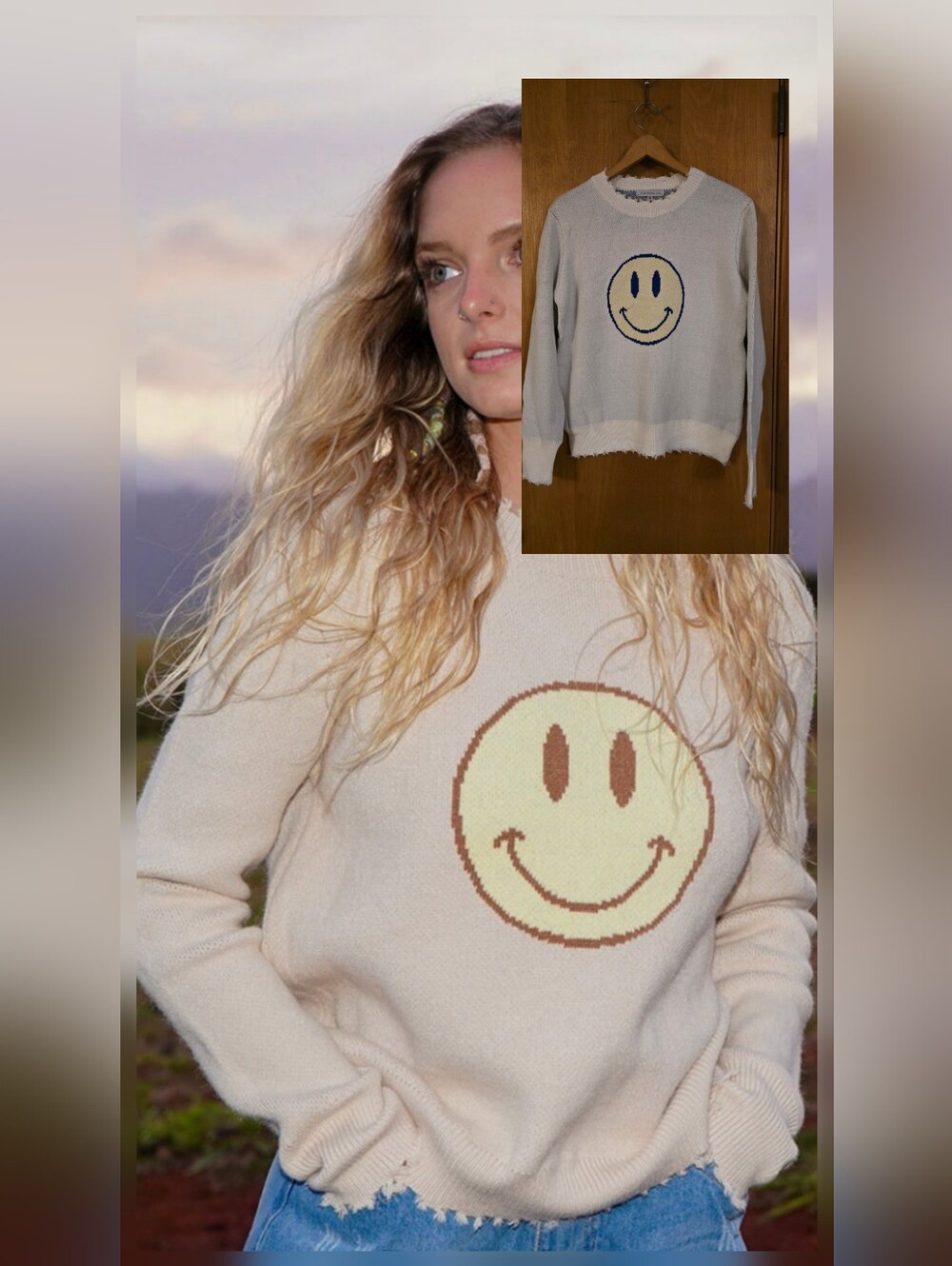 Miss Sparkling Happy Face Distressed Sweater Womens Medium Grey EUC